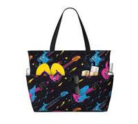 Grand sac de plage pour femme résistant au sable - Imprimé guitare bleu rose sac fourre-tout d'été voyage travail sac fourre-tout avec fermeture éclair