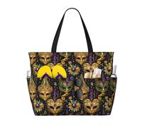 Grand sac de plage pour femme résistant au sable - Motif imprimé bal masqué doré - Sacs fourre-tout avec fermeture éclair pour l'été, le travail, les voyages