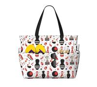 Grand sac de plage pour femme résistant au sable - Sac fourre-tout avec fermeture éclair Motif boule de bowling Noir/rouge