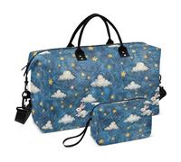 Grand sac de sport avec sangle réglable pour fond en cuir de vache bleu avec quelques nuages blancs et étoiles jaunes flottant au-dessus et un lapin blanc en dessous