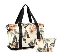 Grand sac de sport de nuit avec piège réglable pour voyage en avion 2 pièces, fleurs papillon vintage