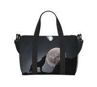 Grand sac de sport, léger, pliable, imprimé, sac de week-end, sac de voyage, sac de voyage, sac de nuit, pour gym, sport, yoga, femme, loup, lune nocturne, noir, taille unique, Noir , Taille unique