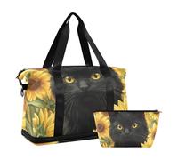 Grand sac de voyage à bandoulière avec motif de chat noir et marguerite, tournesol et printemps avec trousse de toilette pour trekking, multifonctionnel, Chat Noir Marguerite Tournesol Printemps, 1