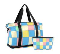 Grand sac de voyage à carreaux uni bleu vert beige sac fourre-tout de nuit et bagage avec trousse de toilette pour salle de sport étanche, Carreaux uni bleu vert beige, 1 size