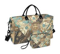 Grand sac de voyage avec sangle réglable pour l'entraînement, multifonctionnel, style du Moyen-Orient, motifs floraux et formes abstraites, marron et bleu sarcelle