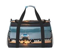Grand sac de voyage en toile avec imprimé avion dans la lumière du soir pour femme, noir, One Size
