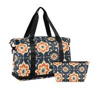 Grand sac de voyage étanche avec piège réglable pour voyage, Style dunhuang chinois bleu marine et fleur orange
