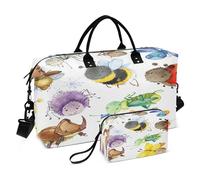 Grand sac de voyage fourre-tout de voyage, sac de gym, sac à main pour articles personnels avec trousse de toilette pour voyage, lot de 2 pièces, dessin animé, insecte, aquarelle, scarabée,