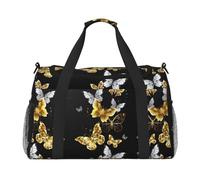 Grand sac de voyage réutilisable avec papillons dorés et blancs, idéal pour les activités de plein air, le sport, le camping et les courses, noir, One Size