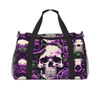 Grand sac de voyage réutilisable avec tête de mort et rose violette, parfait pour les activités de plein air, le sport, le camping et les courses, noir, One Size