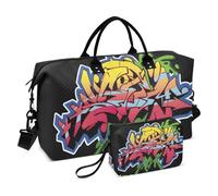 Grand sac de voyage, sac de sport, sac de gym, sac de week-end, graffiti, hip-hop, griffonnage, bagage à main avec trousse de toilette, Graffiti Hip-Hop Doodle, Sports Bag:52*20*35cm;Toiletry