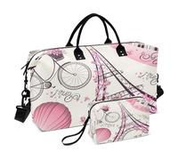Grand sac de voyage, tour Eiffel de Paris rose à motif floral blanc, sac de voyage pour femmes et hommes, sac de voyage avec manchon pour chariot, essentiel de voyage en avion pour le vol, #01, Taille