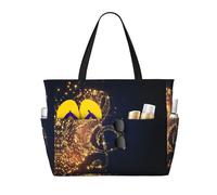 Grand sac fourre-tout de plage imperméable avec motif note de musique dorée avec imprimé étoiles brillantes pour femme avec fermeture éclair et poches, sac à main pliable pour voyage, piscine