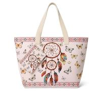 Grand sac fourre-tout de plage marron beige avec motif attrape-rêves, fermeture éclair et poche intérieure 55 x 36 cm, léger, résistant pour femme, cadeau original