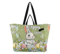 Grand sac fourre-tout en tissu pour homme, voyage, plage, fête, oreilles de lapin, pieds, feuilles, marguerite, œuf, joyeuses Pâques