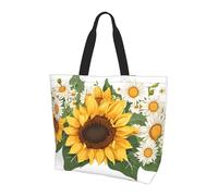 Grand sac fourre-tout pour femme avec imprimé tournesols jaunes et fleurs blanches, élégant et imperméable, sac à bandoulière pliable pour la plage, le travail, le magasinage, Noir , Taille unique