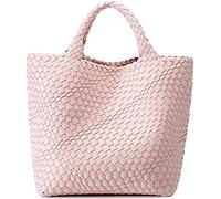 Grand sac fourre-tout rétro tissé pour femme, en cuir végétalien, sac à main pour l'été, la plage, les voyages, fait à la main, rose clair, Large