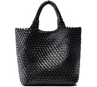 Grand sac fourre-tout rétro tissé pour femme, en cuir végétalien, sac à main pour l'été, la plage, les voyages, fait à la main, noir, Large