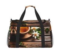 Grand sac fourre-tout réutilisable avec motif fleur bleu sarcelle sur planche en bois, parfait pour les activités de plein air, le sport, le camping et les courses, noir, One Size