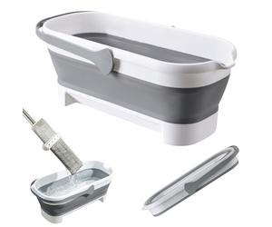 Grand seau de balayage plat Skeadex - Eimer de nettoyage plat - Grand seau pliable pour balai rotatif - Eimer rectangulaire avec manche - Balai de sol plat - Grand seau pliable pour le nettoyage