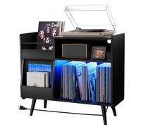 Grand support de tourne-disque avec porte coulissante, armoire de rangement pour disques vinyles 350°, table de tourne-disque avec prise de courant et lumière LED, support de plateau tournant avec
