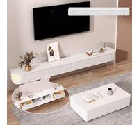 Grand support TV mural flottant avec compartiments de rangement Idéal pour le salon et la chambre à coucher Blanc 220 x 20 x 24 cm