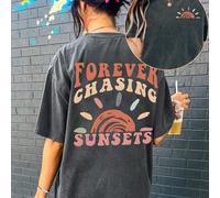 Grand t-shirt à manches courtes pour femmes avec imprimé de slogan, convient pour l'été. T-shirts graphiques "FOREVER CHASING SUNSETS" pour femmes 0XL,1XL,2XL,3XL,4XLLettresTissu tricoté