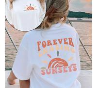 Grand t-shirt à manches courtes pour femmes avec imprimé de slogan, convient pour l'été. T-shirts graphiques "FOREVER CHASING SUNSETS" pour femmes 0XL,1XL,2XL,3XL,4XLLettres,TropicalTissu tricoté