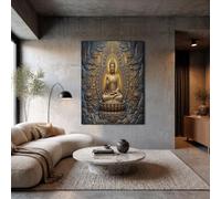 Grand Tableau Decoration Murale Statue Roche Feuille D'Or Impression Sur Toile Moderne Murale Lotus D'Inspiration Zen Nuages Pour Salon Chambre Bureau, Art Mural Tableau Gris Foncé 80X120Cm Sans Cadre