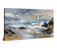 Grand Tableau Decoration Murale Tableau Plage sur Toile 20x40in Impression sur Toile Paysage Côtier avec Mouettes Chien Tableau Toile Paysage Marin Océan Décoration Murale Salon Chambre Salle de Bain