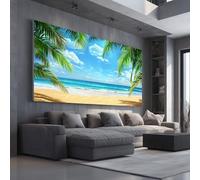 Grand Tableau Mural XXL Été Bord de Mer Toile Imprimée pour la Decoration du Salon Tropical île Poster Moderne Bleu Ciel Nuage Photo Artistique Cadre en Bois 80x120 cm