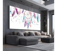 Grand Tableau Mural XXL Fantastique AttrapeRêves Toile Imprimée pour la Decoration du Salon Aquarelle Plume Poster Moderne Mignon Lune Étoile Photo Artistique Sans Cadre 80x160 cm