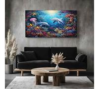 Grand Tableau Mural XXL Monde sous Marin Dauphin Toile Imprimée pour la Decoration du Salon Vie Marine Corail Poster Moderne Animaux Marins Méduse Photo Artistique Cadre en Bois 80x120 cm