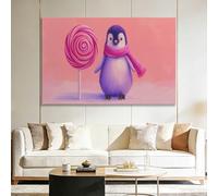 Grand Tableau sur Toile Encadré Pingouin Écharpe Rose Dessin Animé Sucette, Impression Murale Décoration Salon Bureau Maison - Image sur Toile Design Moderne XXL 90x60 cm