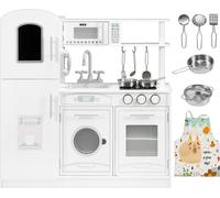 Mamabrum Grande Cuisine en Bois Enfant - Cuisine Jouet avec Four, Réfrigérateur, Lave-Linge, Tablier Chef, Accessoires - 81 x 29 x 84 CM - pour Enfants 3+ Ans