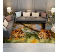 Grand Tapis 150x200cm Jungle Tropicale Paysage Naturel Lions d’Afrique Motif Tapis à Poils Ras pour Salon Chambre Lavable Séchage Rapide
