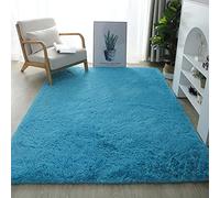Grand tapis à poils longs, extra doux, antidérapant et lavable, pour salon, chambre à coucher, chambre d'enfant, design moderne bleu, 120 x 160 cm
