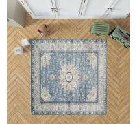 Grand tapis carré doux lavable en machine à poils courts antidérapant pour salon, entrée, chambre à coucher, style rétro ethnique, fleurs, bleu, 200 x 200 cm