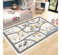 Grand tapis de jeu City Road avec motif carte de la circulation, tapis de jeu aventure, motif coloré de trafic et de bâtiments (120 x 180 cm)