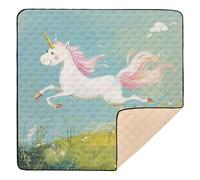Grand tapis de jeu élégant et confortable avec motif de prairie de licornes et de prairie turquoise pour bébés, enfants, tout-petits, nourrissons, 127 x 127 cm