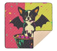 Grand tapis de jeu pliable et élégant pour l'intérieur et l'extérieur - Motif chien mignon avec ailes de chauve-souris - Couleur Memphis - 127 cm x