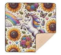 Grand tapis de jeu robuste pour bébé résistant à l'eau Motif licornes et tournesols Blanc 127 x 127 cm