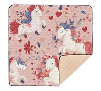 Grand tapis de jeu robuste pour l'intérieur et l'extérieur - Motif licornes - Style campagnard - Pour la Saint-Valentin - Lavable - 127 x 127 cm