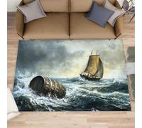 Grand tapis de peinture à l'huile motif voilier - 160 x 230 cm - Motif paysage tempête - Tapis de sol vintage nautique qui ne perd pas ses poils - Pour chambre d'enfant, bureau, salle de jeux