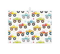 Grand tapis de séchage pour comptoir de cuisine - Tapis de séchage à vaisselle en microfibre absorbant pour comptoir de cuisine, motif Monster Trucks de dessin animé 45,7 x 61 cm avec boucle de