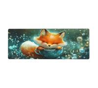 Grand tapis de souris à motif floral Le petit renard avec une tasse de thé complète pour ordinateur portable avec bords cousus, longue base en caoutchouc antidérapant, tapis de bureau à ressort pour