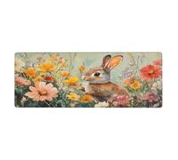 Grand tapis de souris avec base en caoutchouc antidérapant et bords cousus, motif « A Little Rabbit In The Flowers » - Grand tapis de souris pour gaming et ordinateur de bureau - 30 x 80 cm