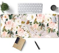 Grand tapis de souris avec bords cousus pour ordinateur - Motif fleurs roses - 80 x 30 cm