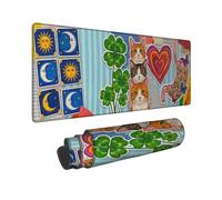 Grand tapis de souris bohème motif chat céleste et trèfle 30,5 x 81,3 cm | Icônes célestes de la lune et du soleil, XXL tapis de souris, trèfles à quatre feuilles chanceux, style art bohème
