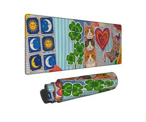 Grand tapis de souris bohème motif chat céleste et trèfle 30,5 x 81,3 cm | Icônes célestes de la lune et du soleil, XXL tapis de souris, trèfles à quatre feuilles chanceux, style art bohème